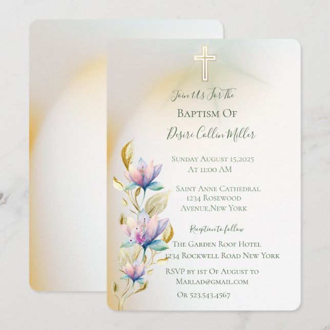 Blush & Lilac Floral, Dourado Convite para Batismo (Frente/Verso)