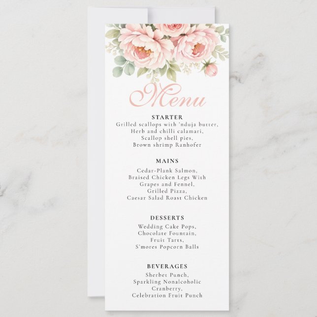Blush Peony Wedding Menu Card (Frente)