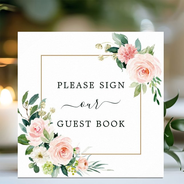 Blush Pink Bloom Wedding Guest Book Square Poster (Criador carregado)