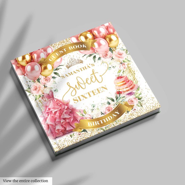 Blush Pink Doce Dezesseis Balões de Livros Convida (Elegant Sweet Sixteen Guest Book Blush Gold)