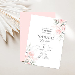 Blush Pink Floral Baptism Menina Espanhola Convite