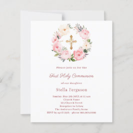 Blush pink floral cross First Communion invitation
