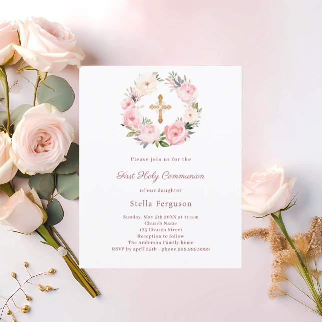 Blush pink floral cross First Communion invitation (Criador carregado)