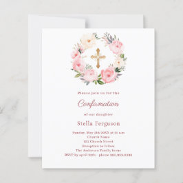 Blush pink florals cross Confirmation invitation