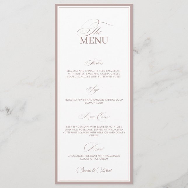 Blush Pink Old Money Wedding Dinner Menu Card (Frente)