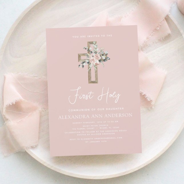 Blush Pink Primeiro Sagrado Convite Floral De Comu (Criador carregado)
