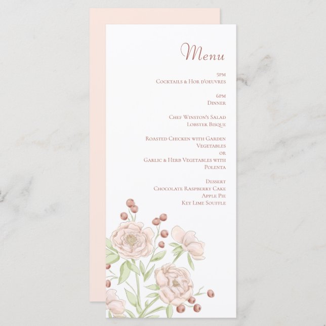 Blush Pink Roses Wedding Modern Menus (Frente/Verso)