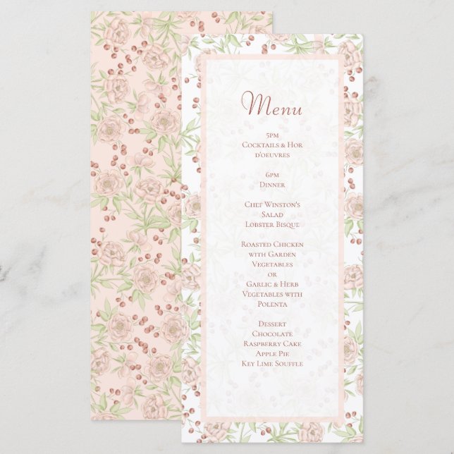 Blush Pink Roses Wedding Vintage Menus (Frente/Verso)