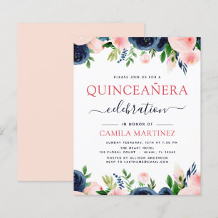 Blush Rosa Azul Marinho Floral Quinceanera Orçamen