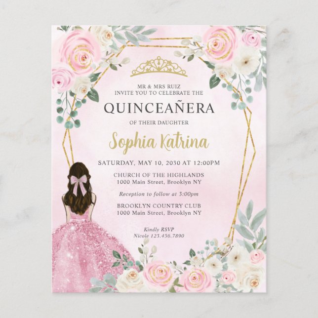 Blush Rosa Dourado Floral Princesa Quinceañera (Frente)