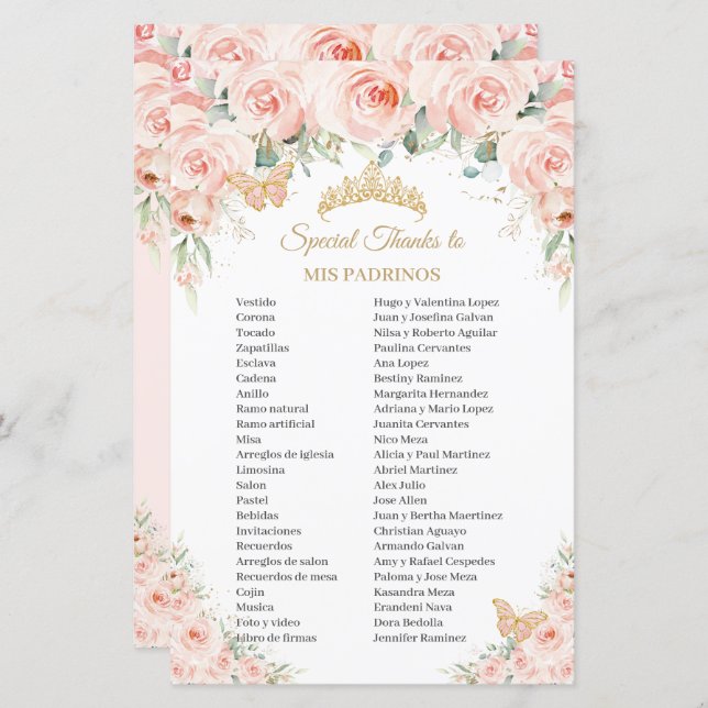Blush Rosa Floral Flores Mis Padrinos Quinceañera (Frente/Verso)