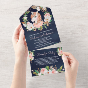 Blush Rosa Floral Trançado Unicórnio Azul Marinho 