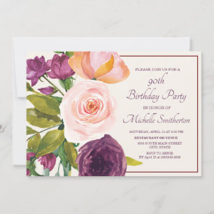 Blush Roxo Rosa Floral Creme Aniversário de 90 ano