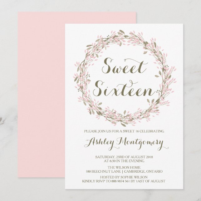 Blush Winter Wreath Sweet 16 Convites de festas (Frente/Verso)