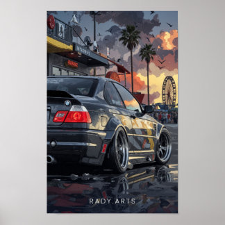 BMW M3 Sunset Street Art Poster