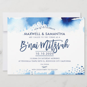 B'NAI MITZVAH CONVITE à mão, com letra azul, aquar