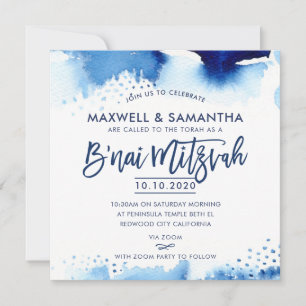 B'NAI MITZVAH CONVITE à mão, com letra azul, aquar