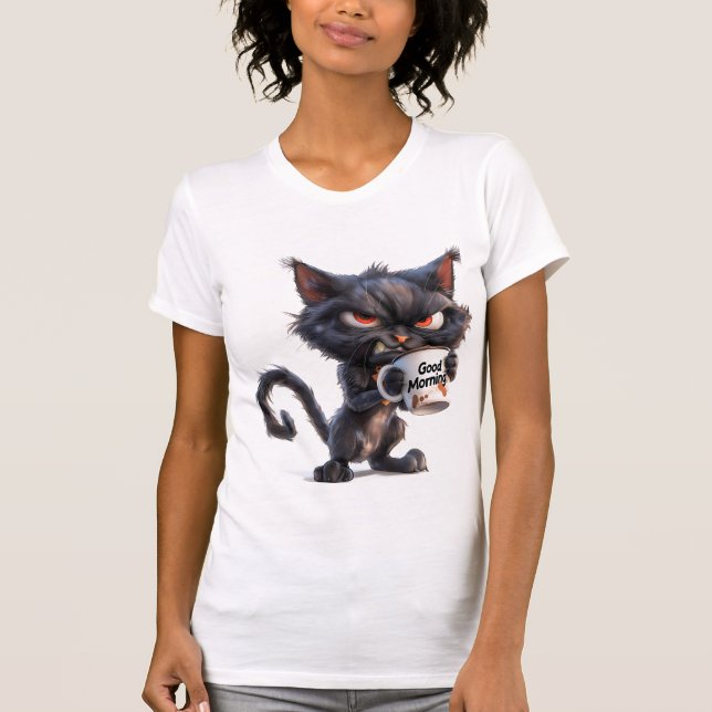 Boa Manhã Gato Engraçado" T-Shirt (Frente)