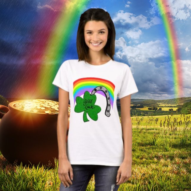Boa sorte Shamrock, arco-íris e T-Shirt ferradura (Good Luck Shamrock, Rainbow and Horseshoe T-Shirt)