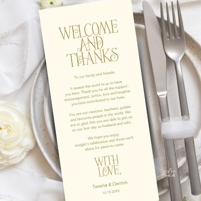 Boas-vindas & Agradecimentos, Cartão de Agradecime (Welcome & Thanks, Place Setting Thank You Card in Yellow Cream Gold)