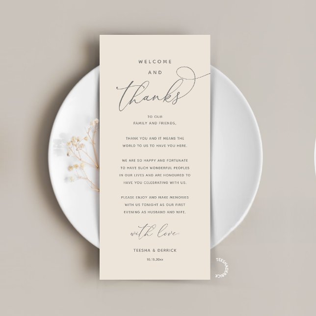 "Boas-vindas e Agradecimentos" Cartão de Recepção  (Modern Elegant Wedding Reception "Welcome and Thanks" Table Card for Guest in Cream Grey)