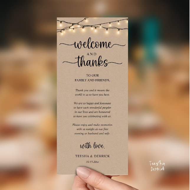 "Boas-vindas e Agradecimentos" Cartão de Recepção  ("Welcome and Thanks" Rustic Reception Guest Card in String Lights Brown Kraft)