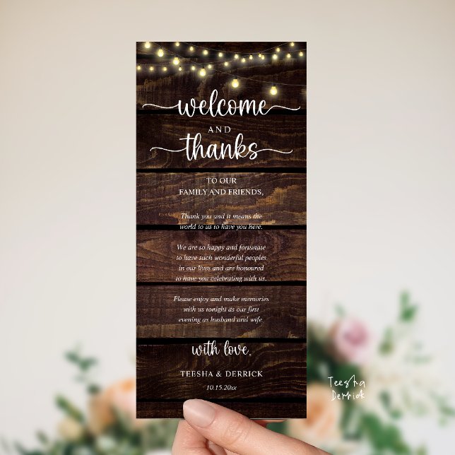 "Boas-vindas e Agradecimentos" Cartão de Recepção  ("Welcome and Thanks" Rustic Reception dinner Guest thank you Card in string lights brown wood)