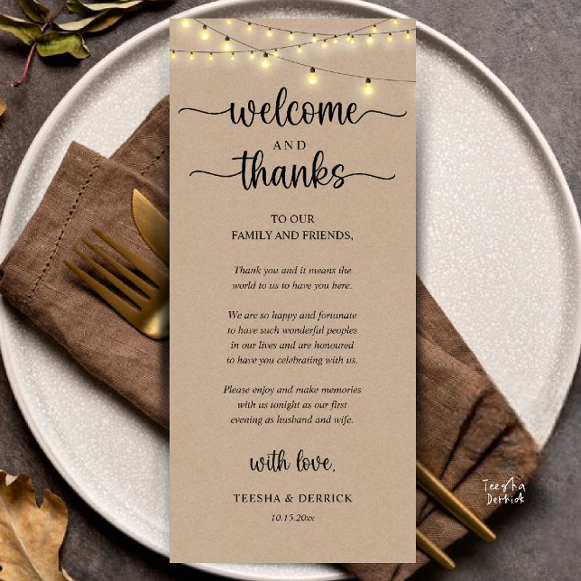 "Boas-vindas e Agradecimentos" Cartão de Recepção  ("Welcome and Thanks" Rustic Reception dinner Guest thank you Card in string lights brown kraft)