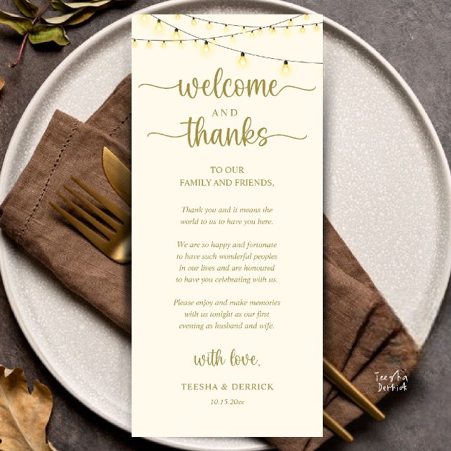 "Boas-vindas e Agradecimentos" Cartão de Recepção  ("Welcome and Thanks" Rustic Reception dinner Guest thank you Card in string lights yellow gold)
