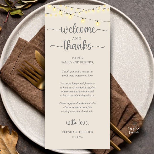 "Boas-vindas e Agradecimentos" Cartão de Recepção  ("Welcome and Thanks" Rustic Reception dinner Guest thank you Card in string lights cream grey)