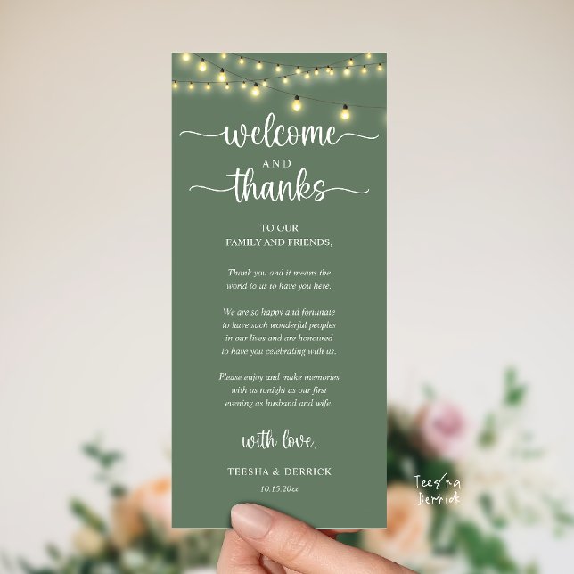 "Boas-vindas e Agradecimentos" Cartão de Recepção  ("Welcome and Thanks" Rustic Reception dinner Guest thank you Card in string lights sage green)