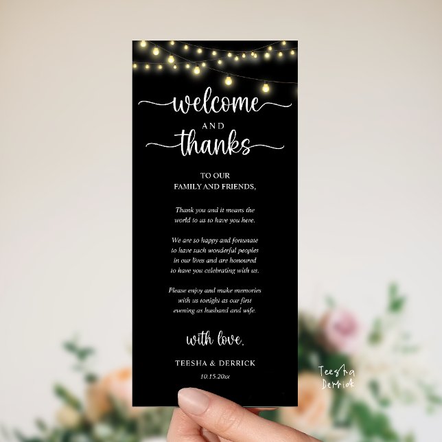 "Boas-vindas e Agradecimentos" Cartão de Recepção  ("Welcome and Thanks" Rustic Reception dinner Guest thank you Card in string lights black and white)