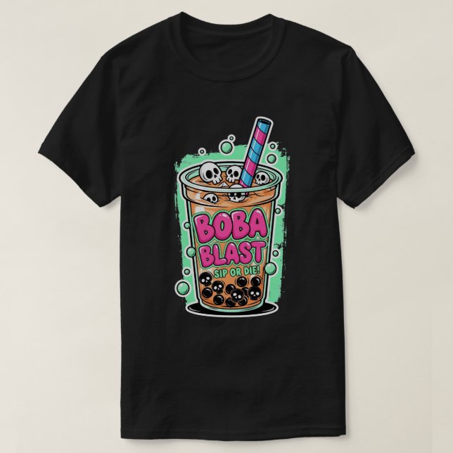Boba Blast – Beba ou Morra! Camiseta Preta (Frente do Design)