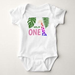 Body Para Bebê 1º Aniversário Selvagem Rosa Girafa Safari Selva