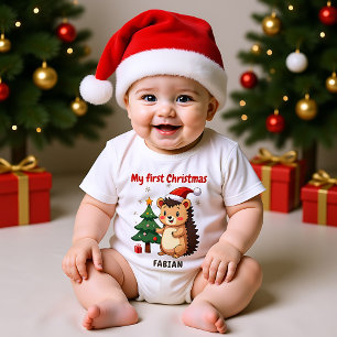 Body Para Bebê 🎄1º Natal, texto personalizado, Holly Jolly Hedge