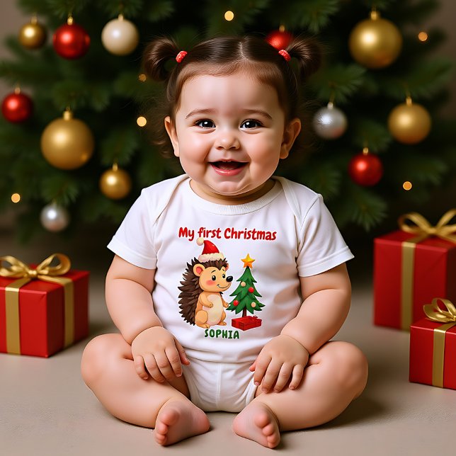Body Para Bebê 🎄1º Natal, texto personalizado, Prickle Me Festiv (🎄1st Christmas, custom text, Prickle Me Festive Baby Bodysuit)