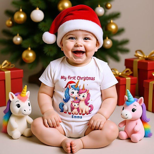 Body Para Bebê 🎄1º Natal, texto personalizado, Unicórnios & Azev (🎄1st Christmas, custom text, Unicorns & Mistletoe Baby Bodysuit)