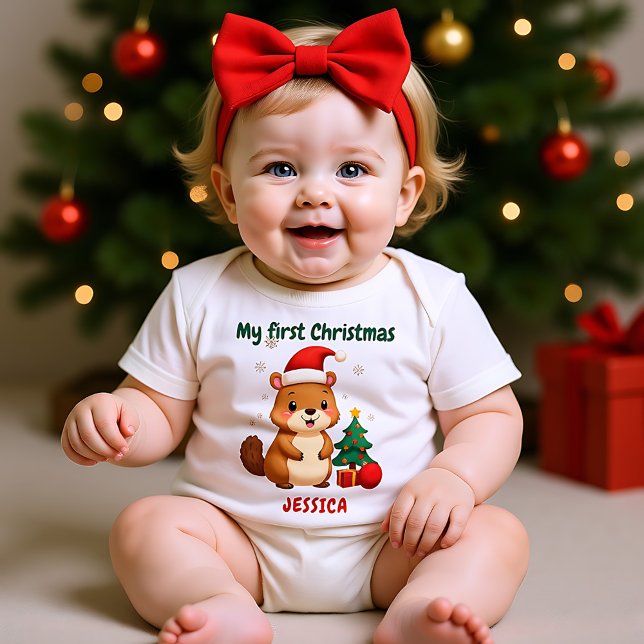 Body Para Bebê 🎄1st Christmas, custom text, Tree-Mendous Debut (1st Christmas, custom text, Festive Fox Trot Baby Bodysuit)