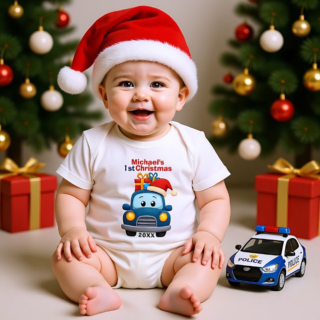 Body Para Bebê 1st Christmas, custom text, Vroom for the Holidays (1st Christmas, custom text, Vroom for the Holidays Baby Bodysuit)