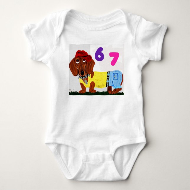 Body Para Bebê 6 7 Dachshund in funny clothes baby bodysuit (Frente)