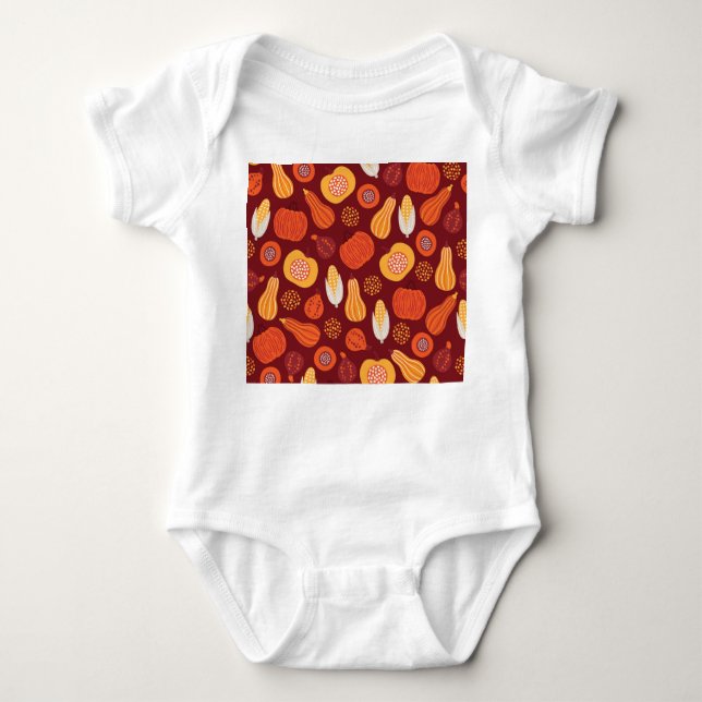 Body Para Bebê Ação de Graças Pumpkin Brown Seamless Pattern. (Frente)