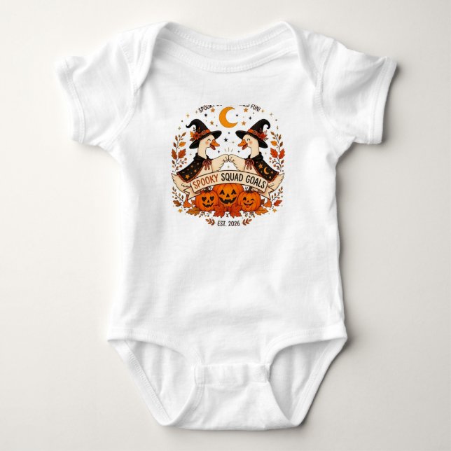 Body Para Bebê Adoráveis Gansos de Halloween com Chapéus de Bruxa (Frente)