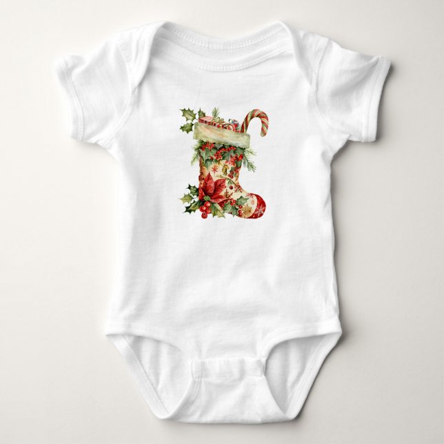 Body Para Bebê Adorável Design de Meia de Natal em Aquarela (Frente)