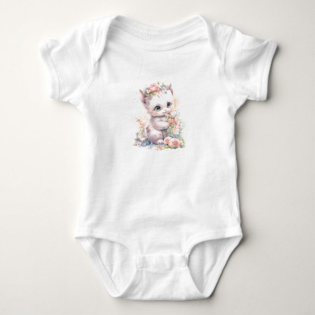 Body Para Bebê Adorável Gato Bebê, Gatinho Bebê com Flores (Frente)