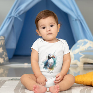 Body Para Bebê Adorável Puffin Aquarela, personalizado