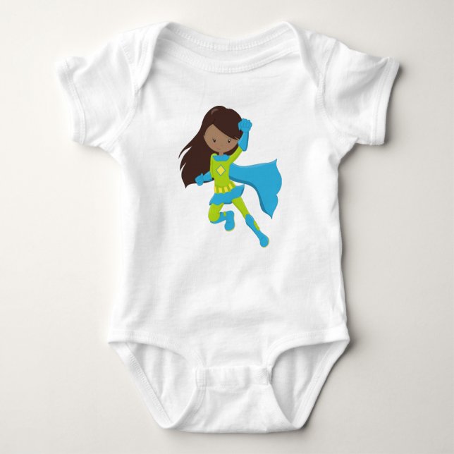 Body Para Bebê African American Girl, Super Herói Girl, Blue Cape (Frente)