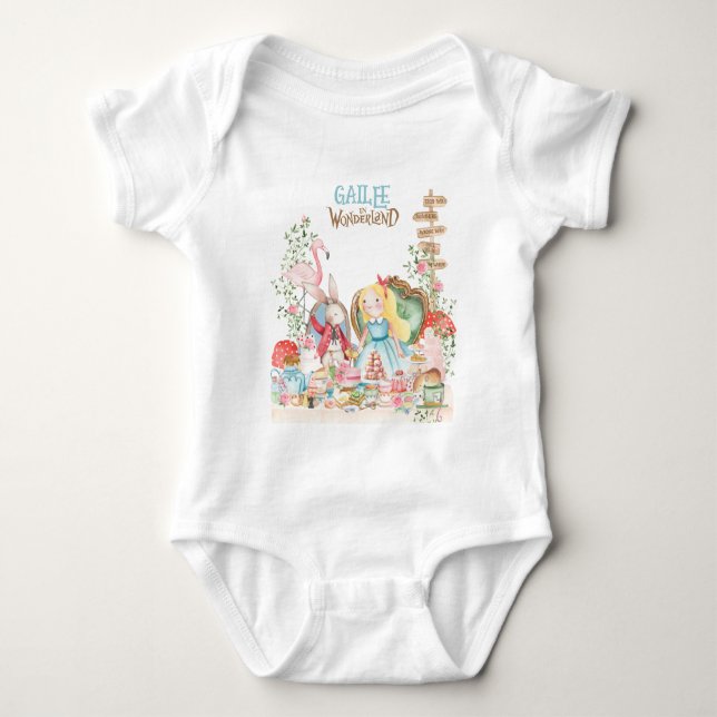 Body Para Bebê Alice Adventures em Woderland Birthday Tea Party (Frente)