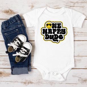 Body Para Bebê Amarelo Preto Retro Um Cara Feliz Primeiro Anivers