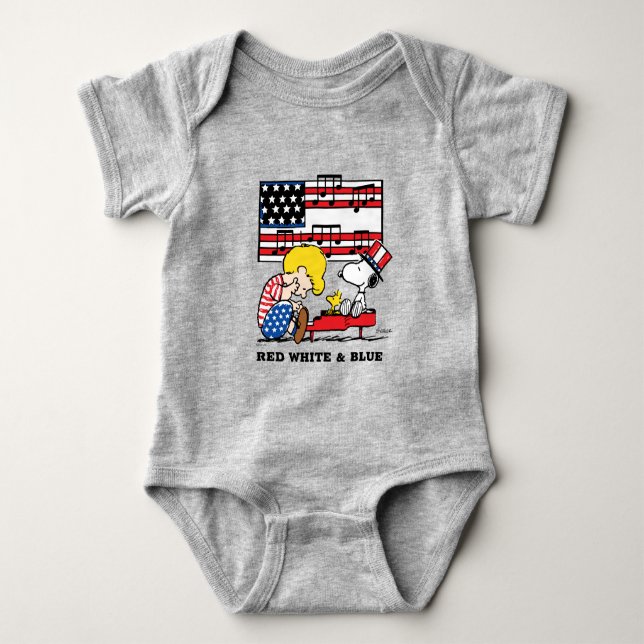 Body Para Bebê Amendoins | Patriótico Schroeder, Woodstock & Snoo (Frente)