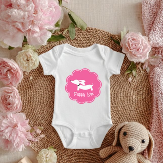 Body Para Bebê Amor de Cachorrinho Rosa Dachshund  (Puppy love baby outfit dachshund@3x)